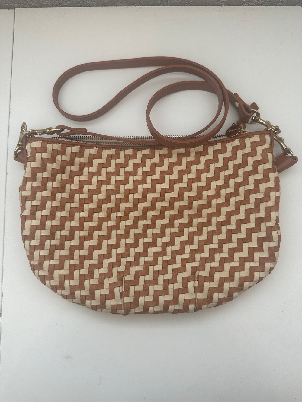 Clare V Petit Moyen Brown & Cream Woven Crossbody Bag